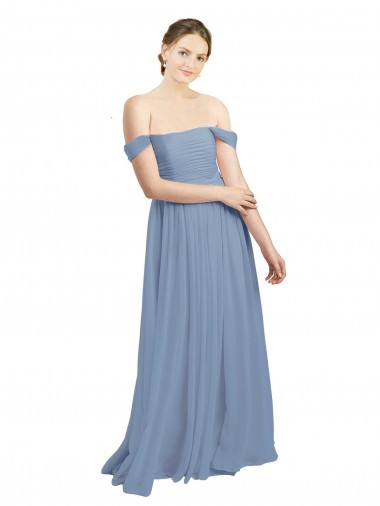 Boutique Bleu poussiéreux Trapèze Épaule Dénudée Mousseline Longue Robes demoiselle d'honneur