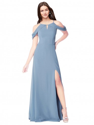 Boutique Bleu poussiéreux Trapèze Épaule Dénudée Mousseline Longue Robes demoiselle d'honneur