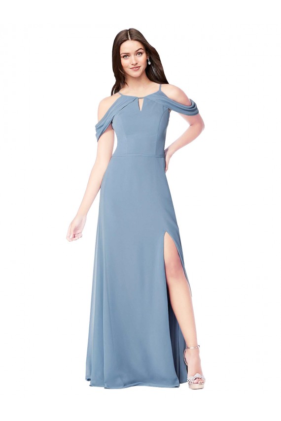 Boutique Bleu poussiéreux Trapèze Épaule Dénudée Mousseline Longue Robes demoiselle d'honneur
