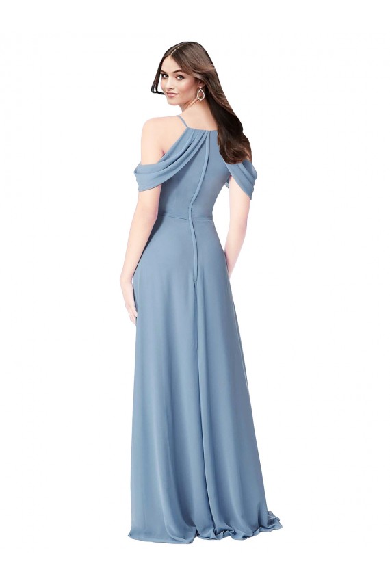 Boutique Bleu poussiéreux Trapèze Épaule Dénudée Mousseline Longue Robes demoiselle d'honneur
