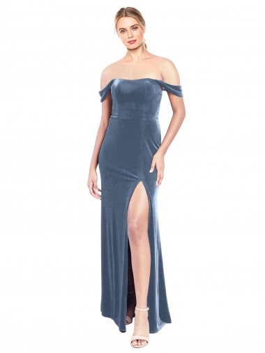Boutique Bleu poussiéreux Trapèze Épaule Dénudée Sans bretelle Velours Stretch Longue Robes demoiselle d'honneur / Robes de bal