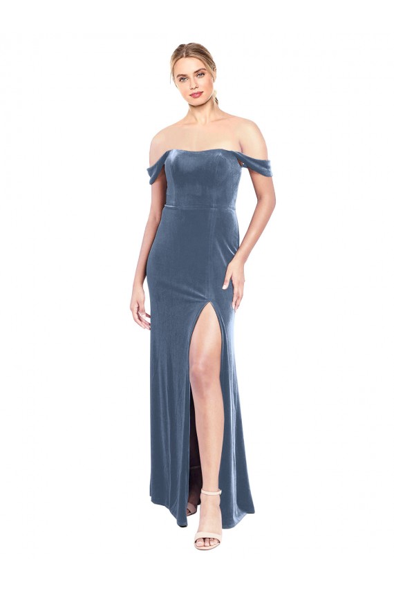 Boutique Bleu poussiéreux Trapèze Épaule Dénudée Sans bretelle Velours Stretch Longue Robes demoiselle d'honneur / Robes de bal