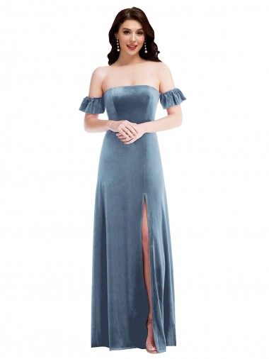 Boutique Bleu poussiéreux Trapèze Épaule Dénudée Velours Stretch Longue Robes demoiselle d'honneur / Robes de bal