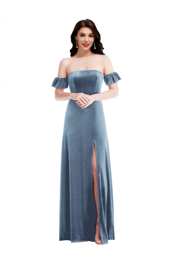 Boutique Bleu poussiéreux Trapèze Épaule Dénudée Velours Stretch Longue Robes demoiselle d'honneur / Robes de bal