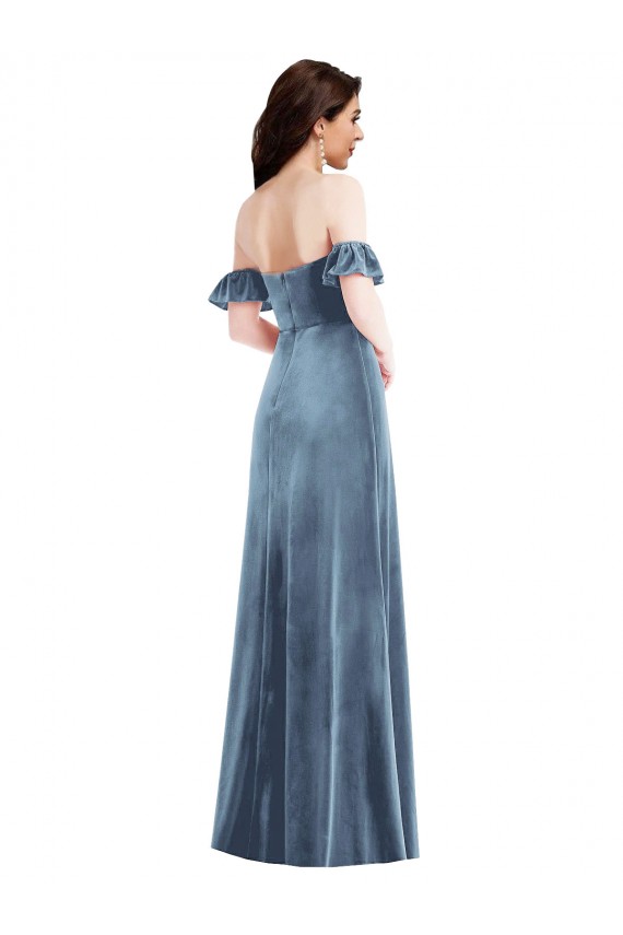 Boutique Bleu poussiéreux Trapèze Épaule Dénudée Velours Stretch Longue Robes demoiselle d'honneur / Robes de bal