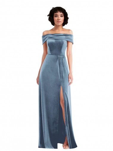 Boutique Bleu poussiéreux Trapèze Épaule Dénudée Velours Stretch Longue Robes demoiselle d'honneur / Robes de bal