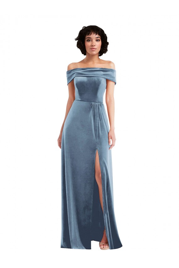 Boutique Bleu poussiéreux Trapèze Épaule Dénudée Velours Stretch Longue Robes demoiselle d'honneur / Robes de bal