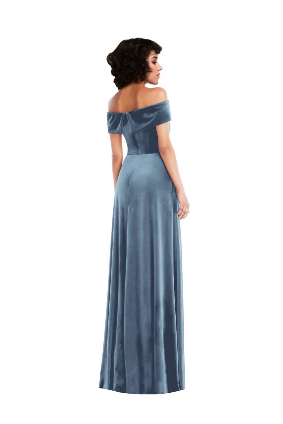 Boutique Bleu poussiéreux Trapèze Épaule Dénudée Velours Stretch Longue Robes demoiselle d'honneur / Robes de bal