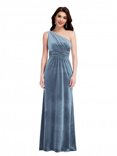 Boutique Bleu poussiéreux Trapèze Épaule Dénudée Velours Stretch Longue Robes demoiselle d'honneur / Robes de bal