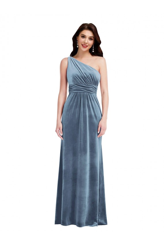 Boutique Bleu poussiéreux Trapèze Épaule Dénudée Velours Stretch Longue Robes demoiselle d'honneur / Robes de bal