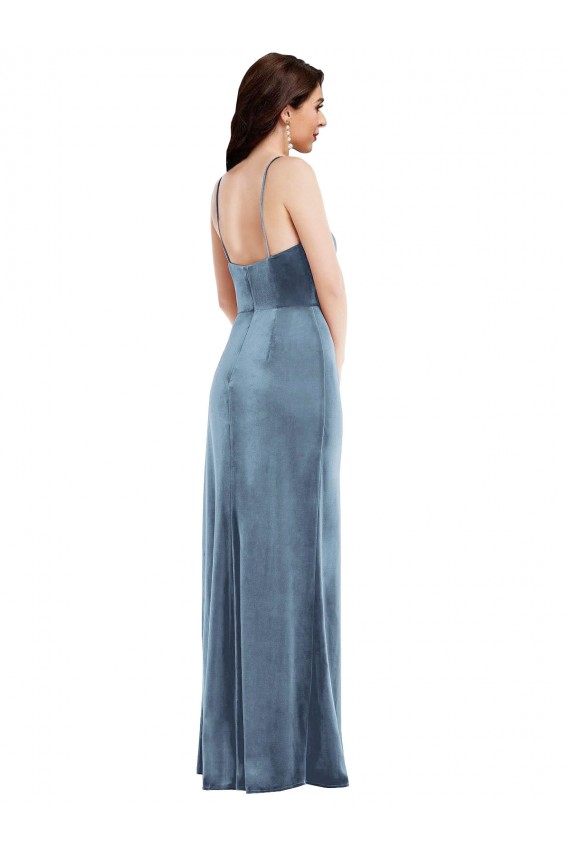 Boutique Bleu poussiéreux Trompette Bretelles spaghetti Velours Stretch Longue Formelles Robes demoiselle d'honneur / Robes de soirée / Robes de bal
