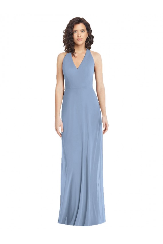 Boutique Bleu poussiéreux Trompette Licou Col V Mousseline Longue Formelles Robes demoiselle d'honneur / Robes de soirée