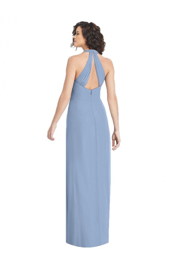 Boutique Bleu poussiéreux Trompette Licou Col V Mousseline Longue Formelles Robes demoiselle d'honneur / Robes de soirée