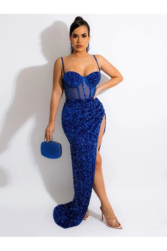 Boutique Bleu roi Fourreau Bretelles spaghetti Balayage train Paillettes Velours Longue Robes de bal