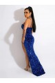Boutique Bleu roi Fourreau Bretelles spaghetti Balayage train Paillettes Velours Longue Robes de bal