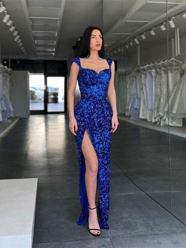 Boutique Bleu roi Fourreau Bretelles spaghetti Balayage train Paillettes Velours Longue Robes de bal