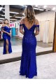 Boutique Bleu roi Fourreau Bretelles spaghetti Col V Paillettes Velours Longue Robes de bal
