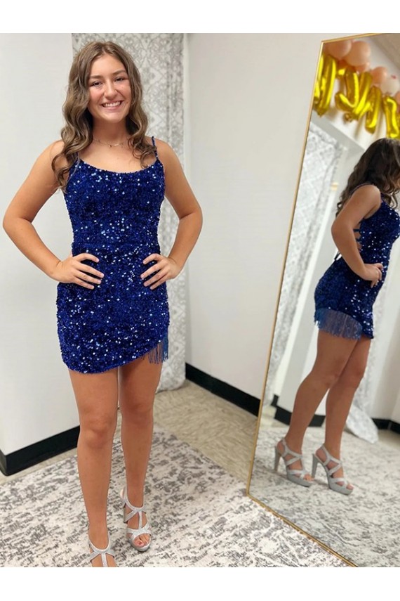 Boutique Bleu roi Fourreau Bretelles spaghetti Courte Paillettes Velours Courte Robes de bal
