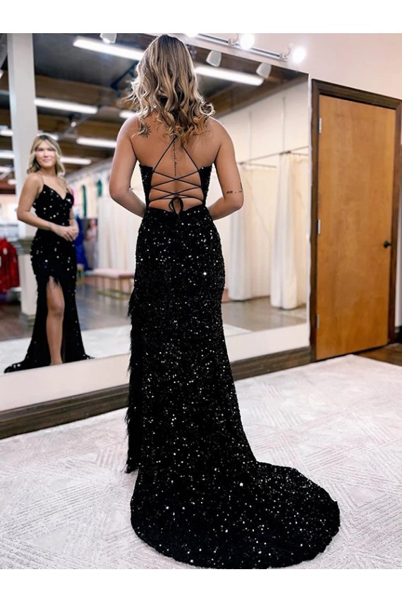 Boutique Bleu roi Fourreau Col V Balayage train Paillettes Velours Longue Robes de bal