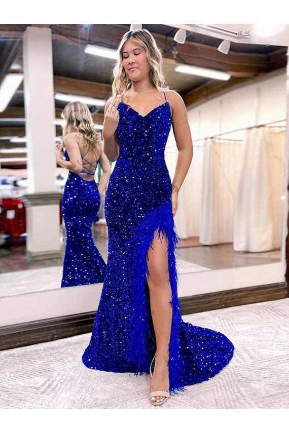 Boutique Bleu roi Fourreau Col V Balayage train Paillettes Velours Longue Robes de bal