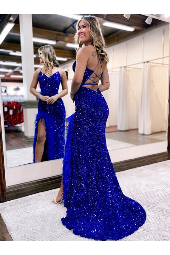 Boutique Bleu roi Fourreau Col V Balayage train Paillettes Velours Longue Robes de bal