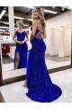 Boutique Bleu roi Fourreau Col V Balayage train Paillettes Velours Longue Robes de bal