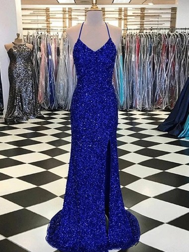 Boutique Bleu roi Fourreau Col V Balayage train Paillettes Velours Longue Robes de bal