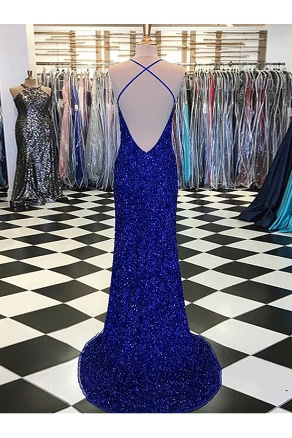 Boutique Bleu roi Fourreau Col V Balayage train Paillettes Velours Longue Robes de bal