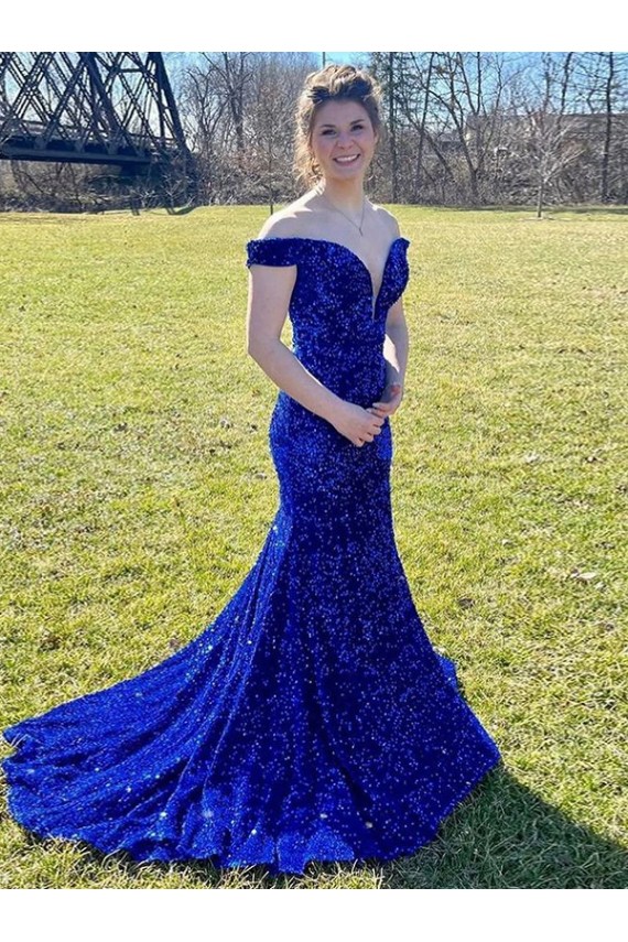 Boutique Bleu roi Fourreau Épaule Dénudée Balayage train Paillettes Velours Longue Robes de bal