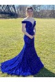 Boutique Bleu roi Fourreau Épaule Dénudée Balayage train Paillettes Velours Longue Robes de bal