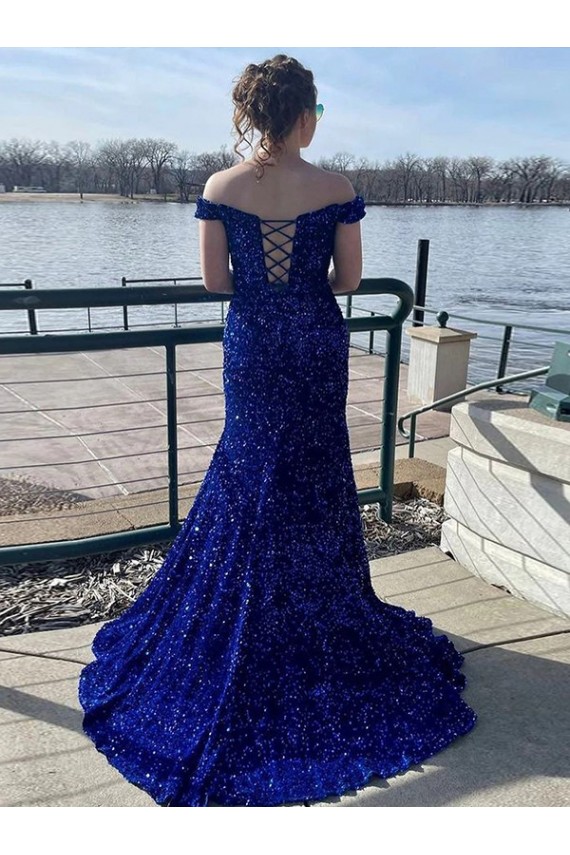 Boutique Bleu roi Fourreau Épaule Dénudée Balayage train Paillettes Velours Longue Robes de bal