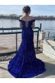 Boutique Bleu roi Fourreau Épaule Dénudée Balayage train Paillettes Velours Longue Robes de bal