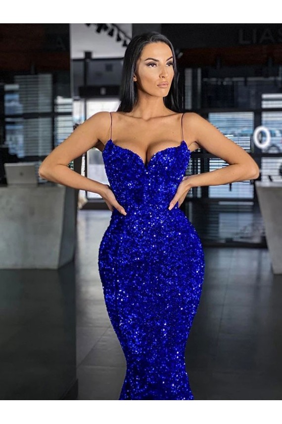 Boutique Bleu roi Sirène Bretelles spaghetti Balayage train Paillettes Velours Longue Robes de bal