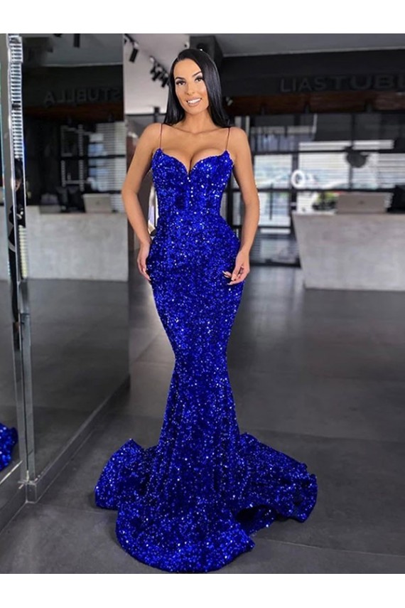 Boutique Bleu roi Sirène Bretelles spaghetti Balayage train Paillettes Velours Longue Robes de bal