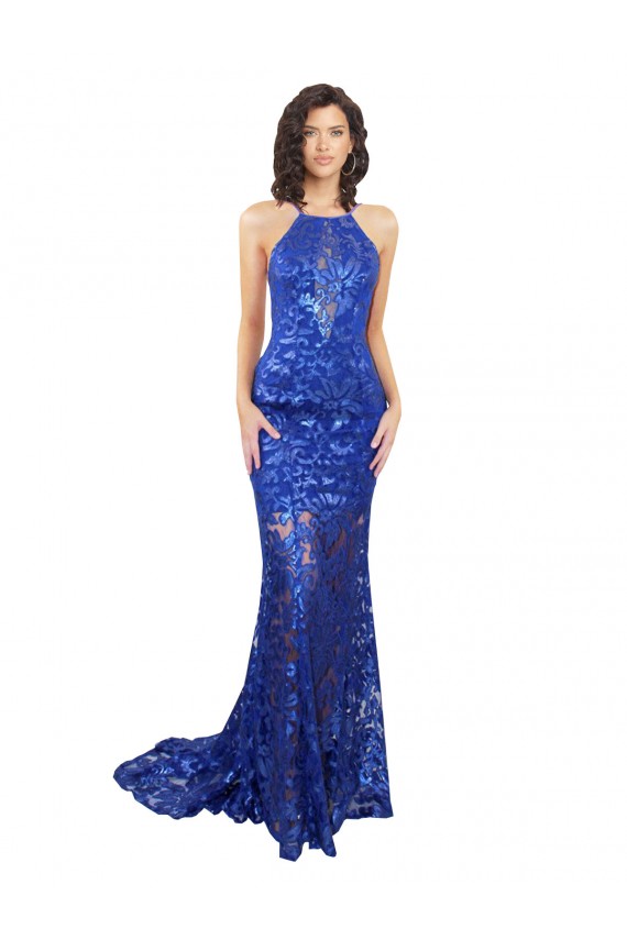 Boutique Bleu roi Sirène Col Haut Dentelle Longue Robes demoiselle d'honneur / Robes de bal