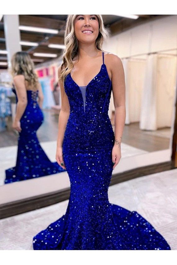 Boutique Bleu roi Sirène Col V Traîne moyenne Paillettes Velours Longue Robes de bal