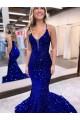 Boutique Bleu roi Sirène Col V Traîne moyenne Paillettes Velours Longue Robes de bal
