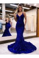 Boutique Bleu roi Sirène Col V Traîne moyenne Paillettes Velours Longue Robes de bal