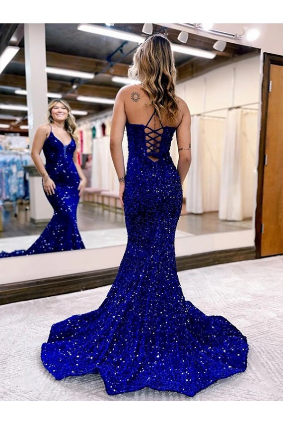 Boutique Bleu roi Sirène Col V Traîne moyenne Paillettes Velours Longue Robes de bal