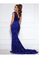 Boutique Bleu roi Sirène Traîne moyenne Paillettes Velours Longue Robes de bal