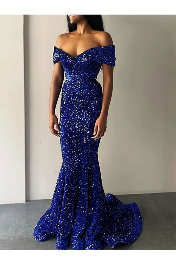 Boutique Bleu roi Sirène Épaule Dénudée Balayage train Paillettes Velours Longue Robes de bal