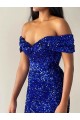 Boutique Bleu roi Sirène Épaule Dénudée Balayage train Paillettes Velours Longue Robes de bal