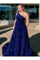 Boutique Bleu roi Trapèze Balayage train Paillettes Velours Longue Robes de bal