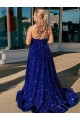 Boutique Bleu roi Trapèze Balayage train Paillettes Velours Longue Robes de bal