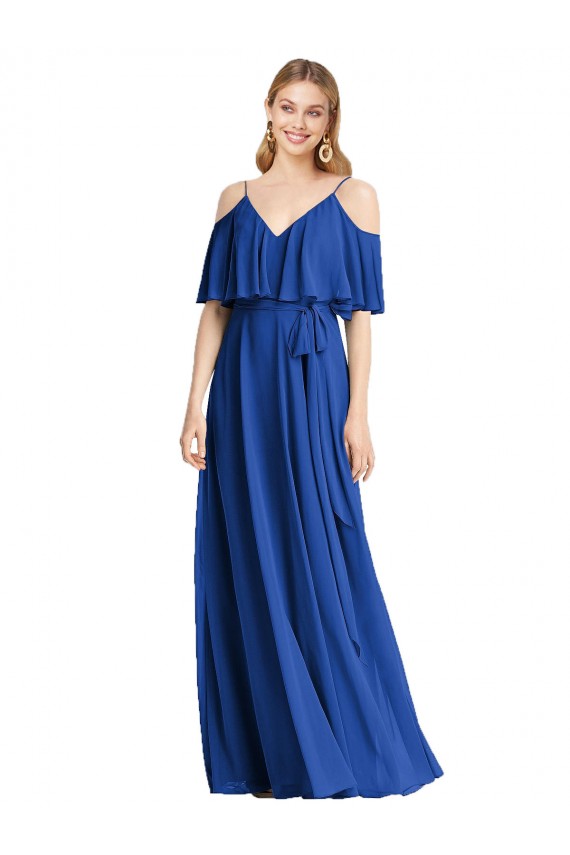 Boutique Bleu roi Trapèze Bretelles spaghetti Col V Mousseline Longue Robes demoiselle d'honneur