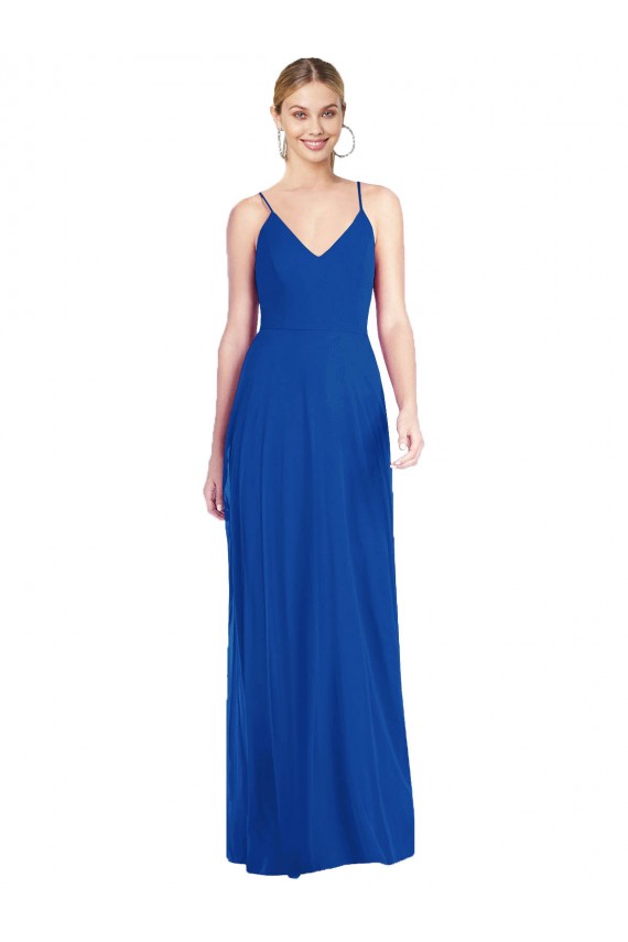 Boutique Bleu roi Trapèze Bretelles spaghetti Col V Mousseline Longue Robes demoiselle d'honneur