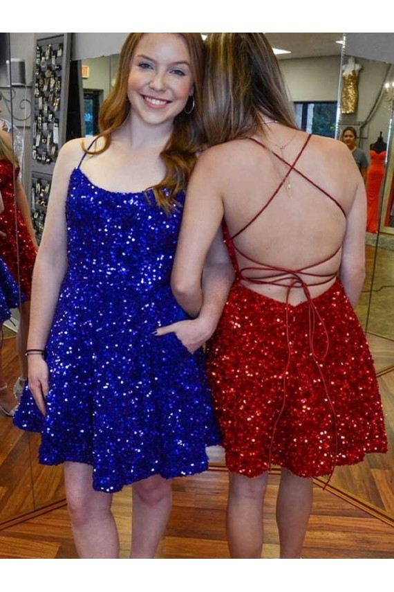 Boutique Bleu roi Trapèze Bretelles spaghetti Courte Paillettes Velours Courte Robes de bal