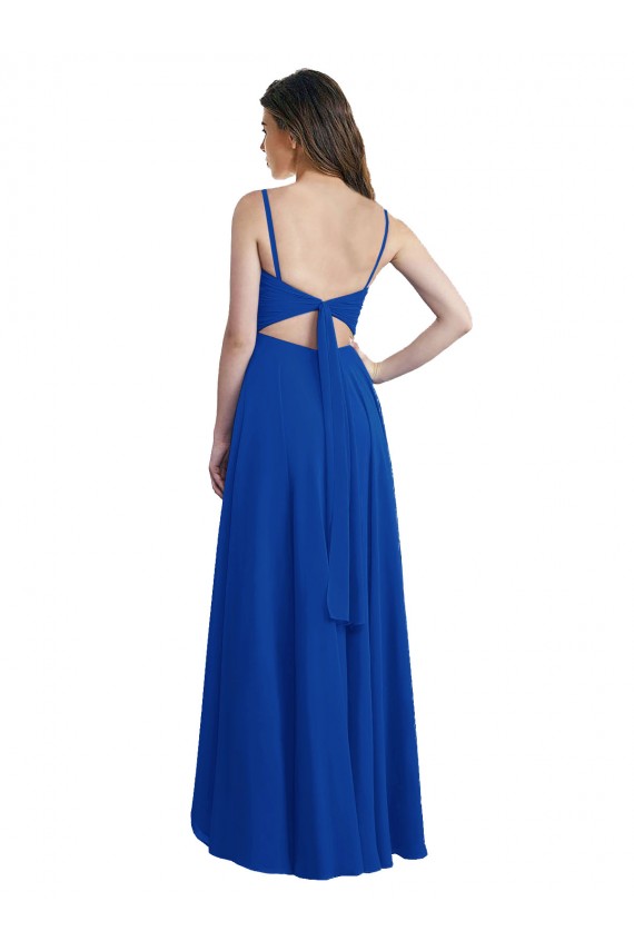 Boutique Bleu roi Trapèze Bretelles spaghetti Mousseline Longue Asymétrique Robes demoiselle d'honneur