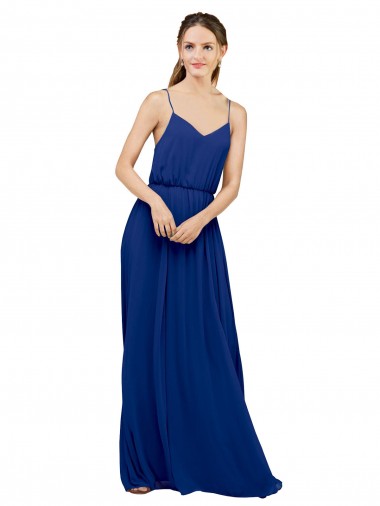 Boutique Bleu roi Trapèze Bretelles spaghetti Mousseline Longue Robes demoiselle d'honneur