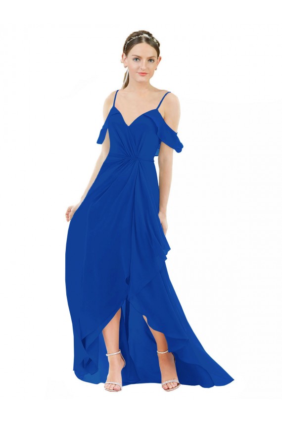 Boutique Bleu roi Trapèze Col V Mousseline Longue Asymétrique Robes demoiselle d'honneur
